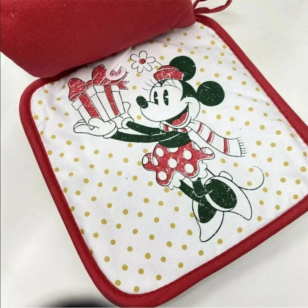 DISNEY MINNIE MOUSE‎ HOLIDAY OVERSIZED OVEN MITT & POT HOLDER SET CHRISTMAS